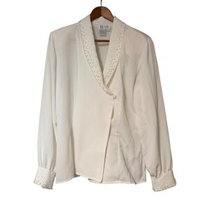 Tess Vintage Beaded Shawl Collar Blouse Womens 8 White Faux Pearl Polyester